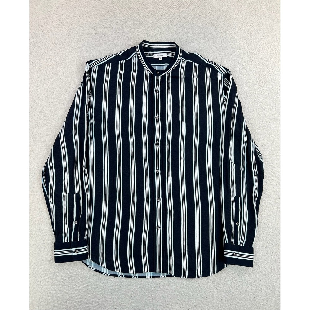 Reiss Shirt Mens Large Blue Striped 100% Viscose Long Sleeve Button Up Casual
